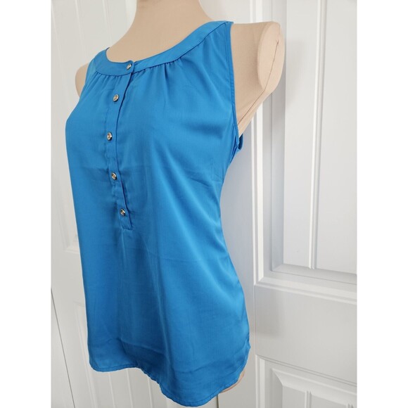 Womens KENNETH COLE REACTION Royal Blue Goldtone Buttons Woven Tank Top M - Picture 2 of 8